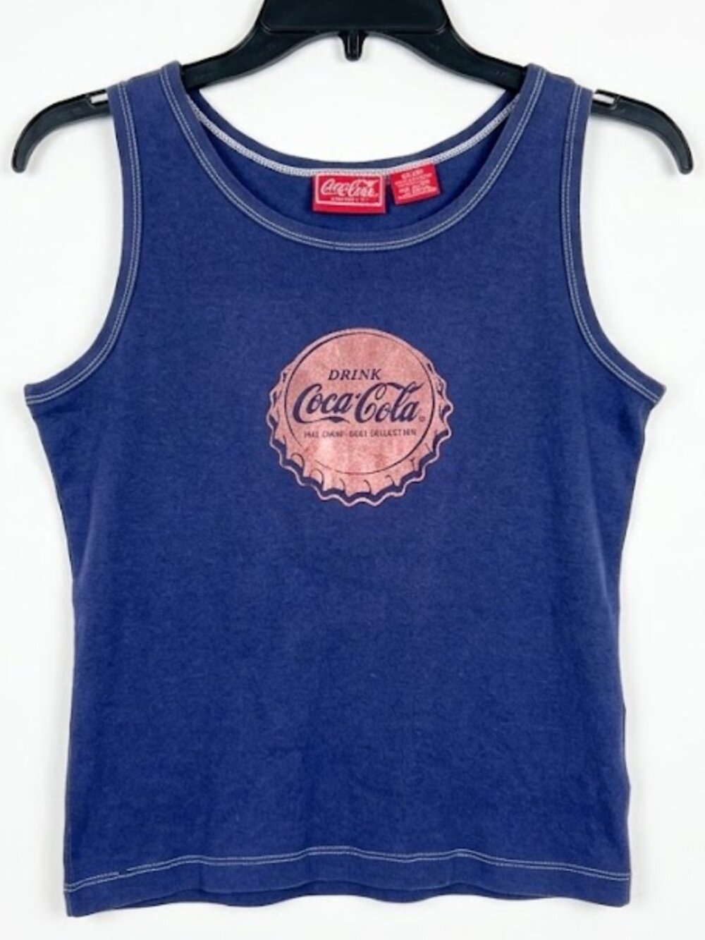 Vintage Coca-Cola Brand XL Navy Blue Bottle Cap Graphic Tank Top Contrast Stitch